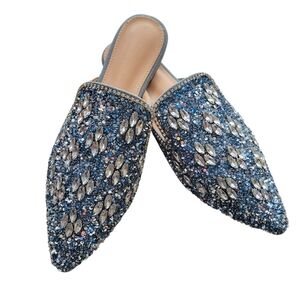Blue Brocade Slip-On Mules with Pointed Toe